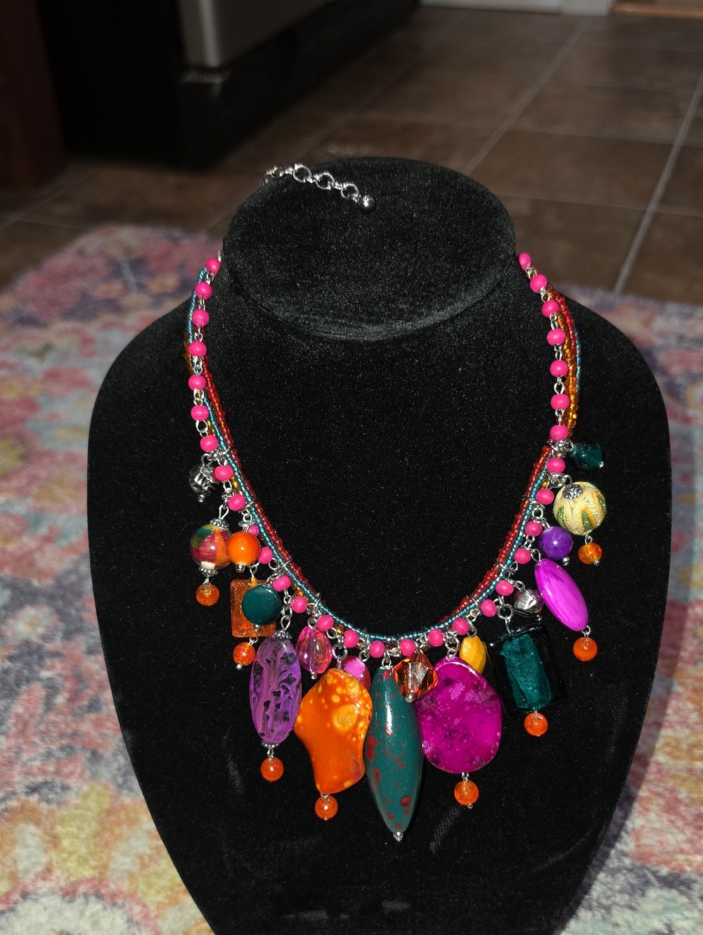 New Cato Orange Multi Beaded & Layered Statement Necklace with Extender